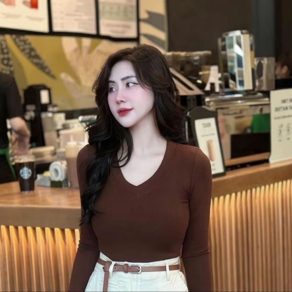 Áo Thun Nữ Tay Dài Cổ Tim Bigsize ESHOP Áo Kiểu Nữ Cổ V Cổ Vuông Trơn Đẹp Dáng Ôm Dễ Thương MS217