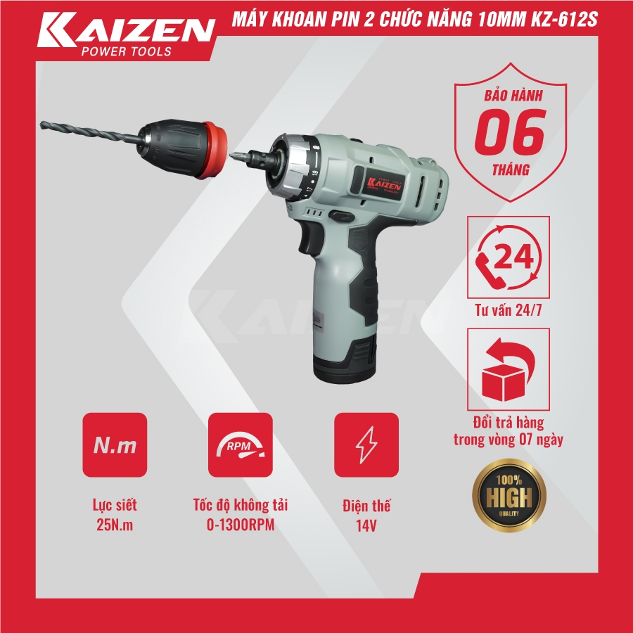 Máy khoan pin 2 chức năng Kaizen đầu 10mm, bắt vít 19 bước chỉnh lực ...