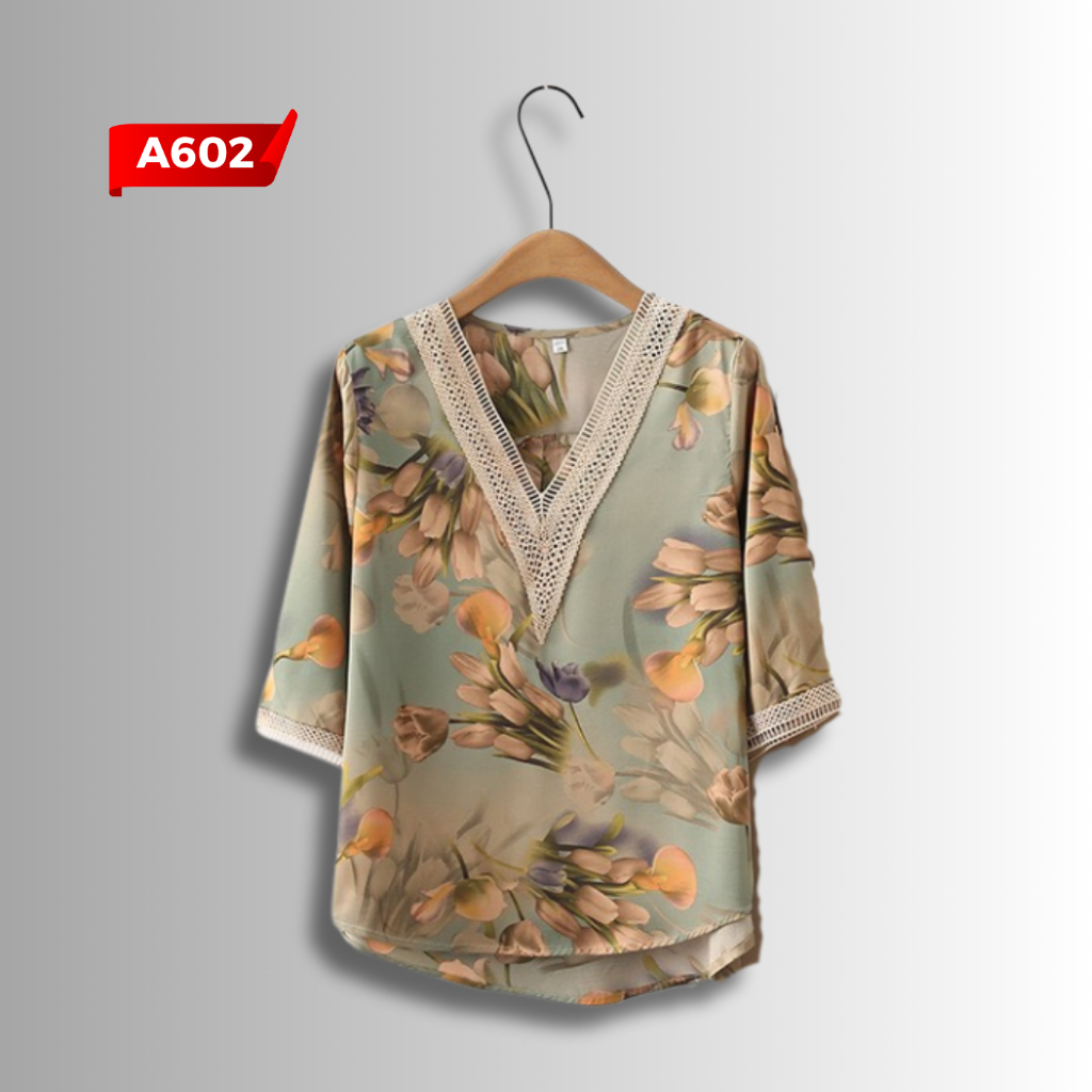 Ảnh Bộ Đồ Trung Niên S602, Set Quần Áo Nữ Cho Mẹ Chất Lụa Cổ V Phối Ren Tay Lỡ Hoa Tulip | Thời Trang MAI THY U60 3