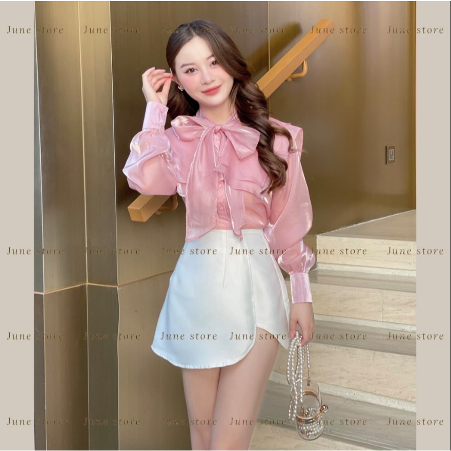 Sơ mi dài tay cổ vuông chất tơ óng dáng tiểu thư  SMCV