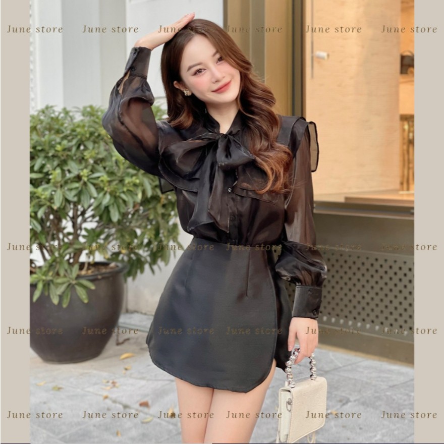 Sơ mi dài tay cổ vuông chất tơ óng dáng tiểu thư  SMCV