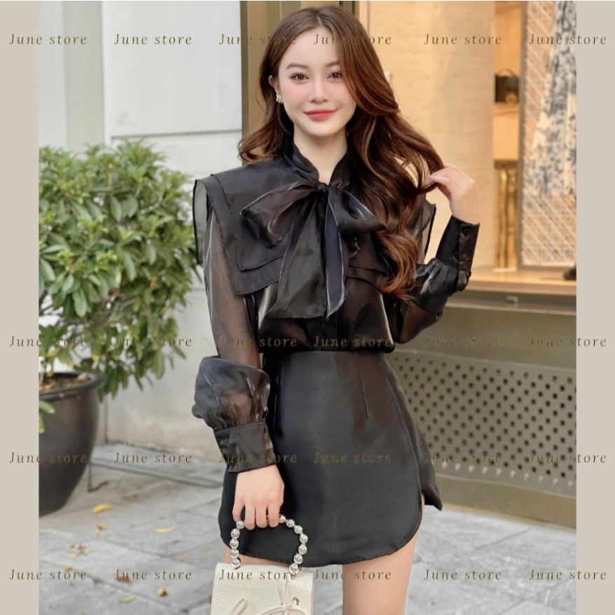 Sơ mi dài tay cổ vuông chất tơ óng dáng tiểu thư  SMCV