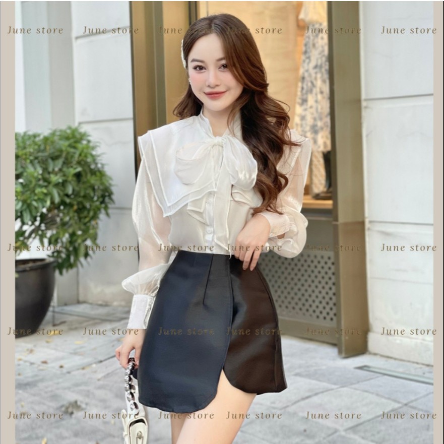 Sơ mi dài tay cổ vuông chất tơ óng dáng tiểu thư  SMCV