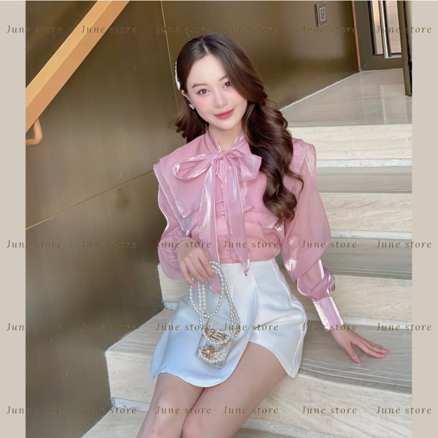 Sơ mi dài tay cổ vuông chất tơ óng dáng tiểu thư  SMCV