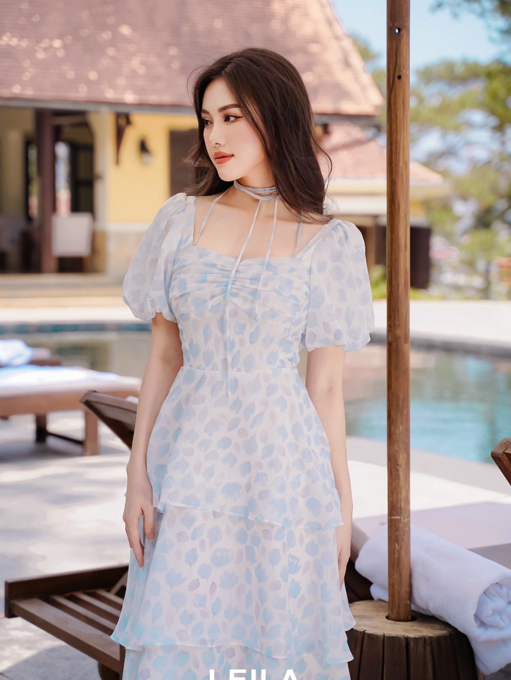 Ảnh LEILA CLOSET | Đầm maxi thiết kế Orina xanh 3 tầng thắt nơ 3
