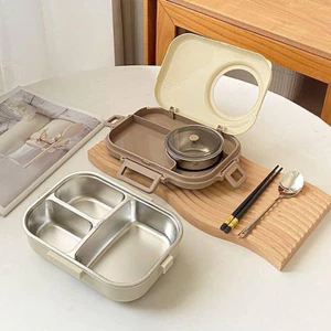 Hộp cơm giữ nhiệt inox 304 Hộp đựng cơm chia ngăn cách nhiệt có ngăn đựng canh kèm đũa thìa inox
