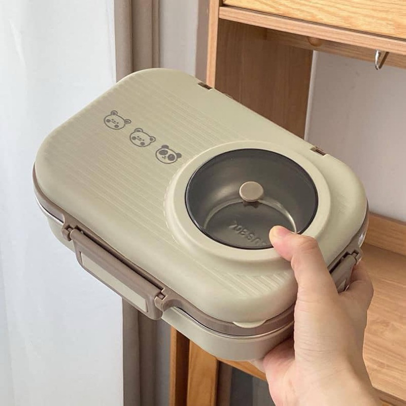 Hộp cơm giữ nhiệt inox 304 Hộp đựng cơm chia ngăn cách nhiệt có ngăn đựng canh kèm đũa thìa inox