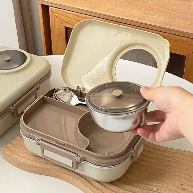 Hộp cơm giữ nhiệt inox 304 Hộp đựng cơm chia ngăn cách nhiệt có ngăn đựng canh kèm đũa thìa inox