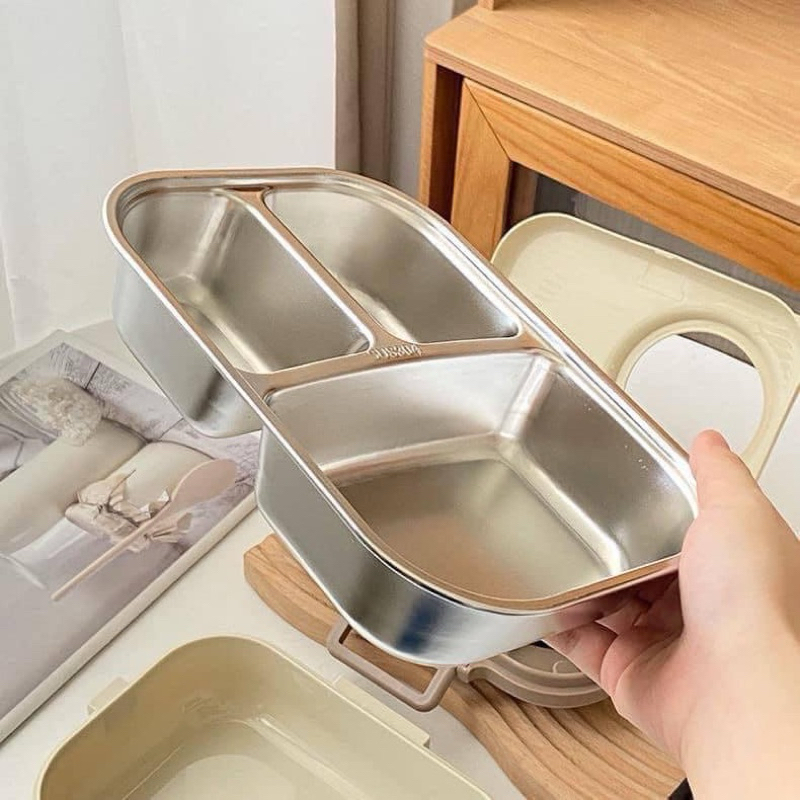 Hộp cơm giữ nhiệt inox 304 Hộp đựng cơm chia ngăn cách nhiệt có ngăn đựng canh kèm đũa thìa inox