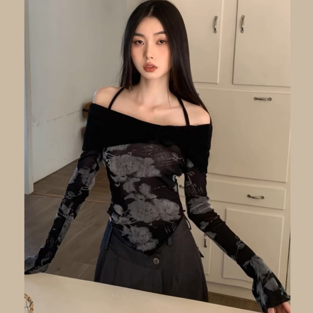 Áo trễ vai tay dài, vải lưới loang phối màu cá tính, sexy TVL07