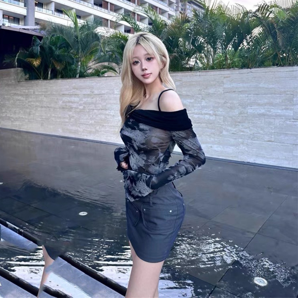 Áo trễ vai tay dài, vải lưới loang phối màu cá tính, sexy TVL07