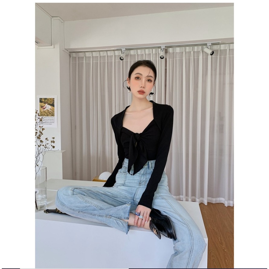 Áo bodysuit nữ tay dài Sicily áo liền quần tay dài cổ vuông nơ ngực Style Sexy B011