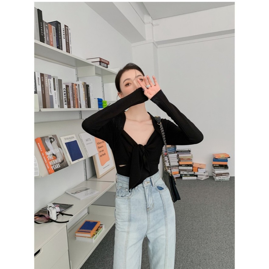 Áo bodysuit nữ tay dài Sicily áo liền quần tay dài cổ vuông nơ ngực Style Sexy B011