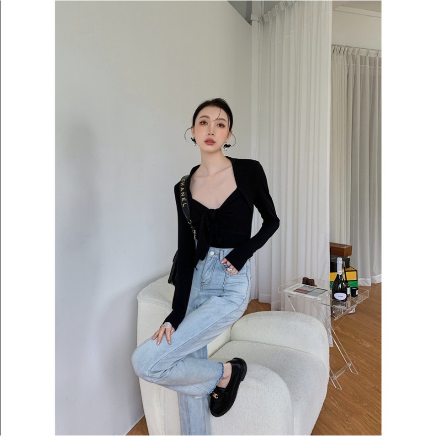 Áo bodysuit nữ tay dài Sicily áo liền quần tay dài cổ vuông nơ ngực Style Sexy B011