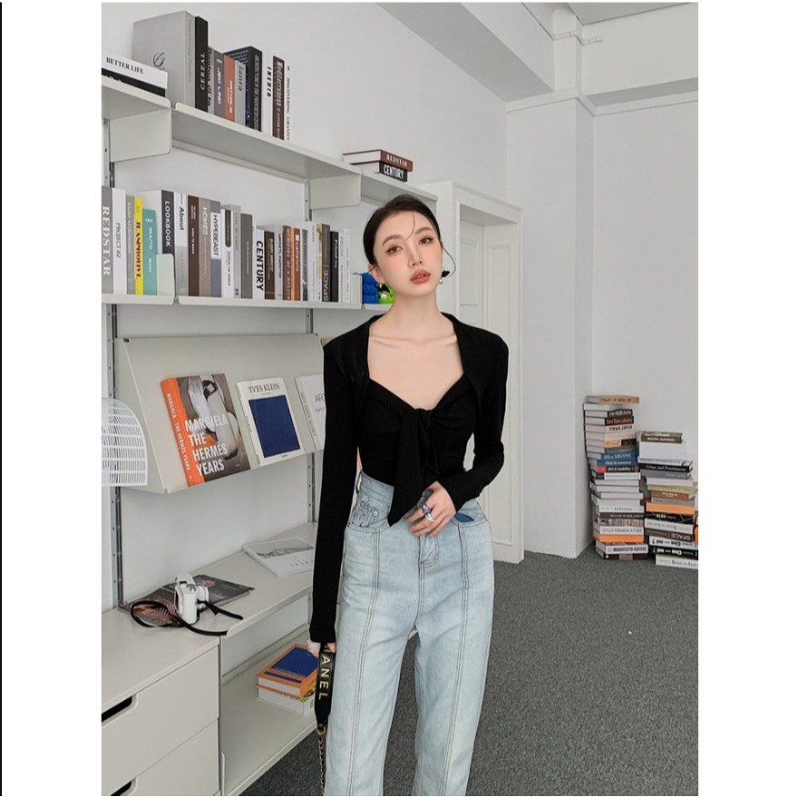 Áo bodysuit nữ tay dài Sicily áo liền quần tay dài cổ vuông nơ ngực Style Sexy B011