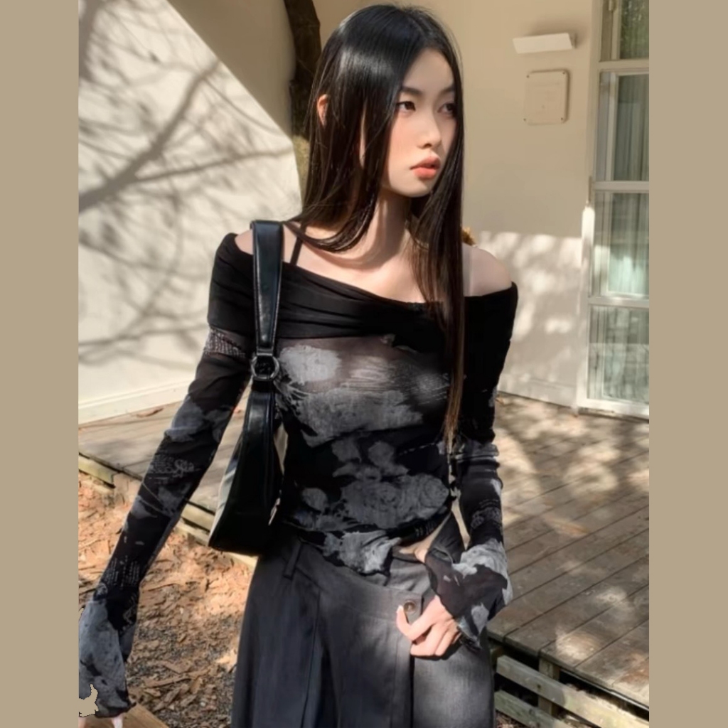 Áo trễ vai tay dài, vải lưới loang phối màu cá tính, sexy TVL07