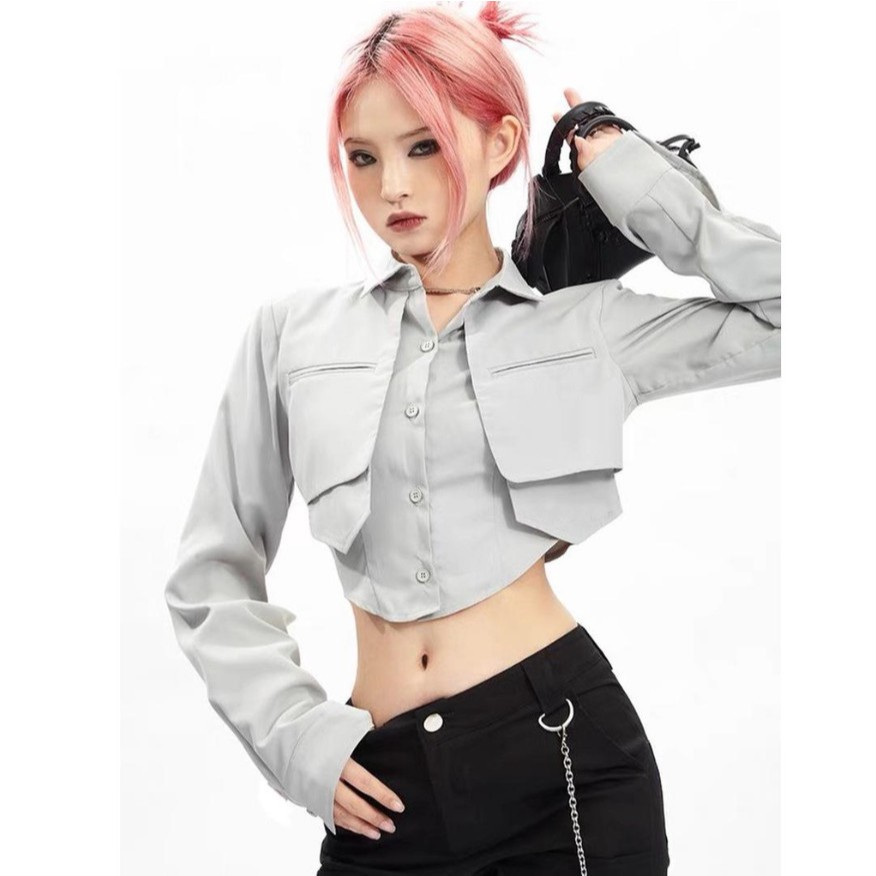 Áo sơ mi croptop nữ Sicily cổ bẻ vạt tôm hai túi ngực Blouse Top SM2T05