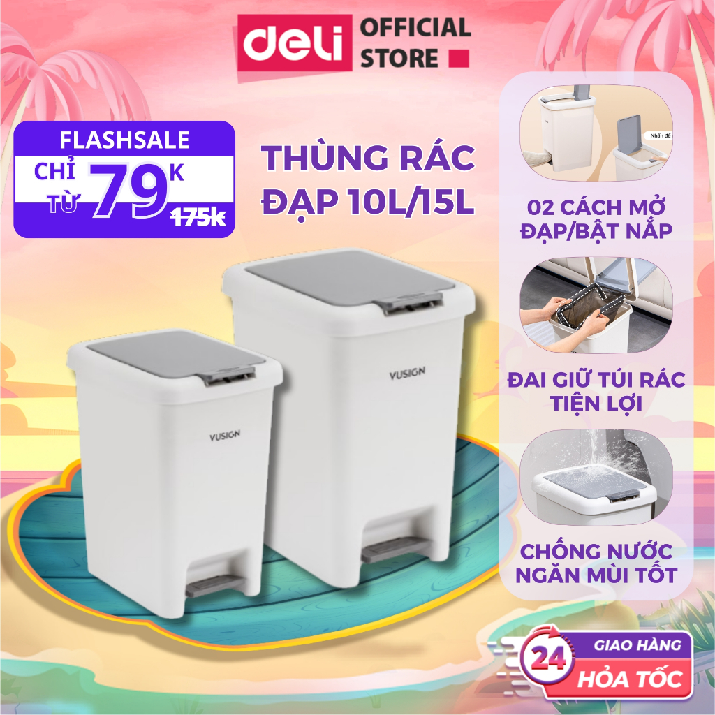 [MỚI] Thùng Rác Đạp Chữ Nhật 10L/15L Deli Vusign Nhựa Nguyên Sinh Ngăn ...