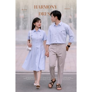 Váy sơ mi dáng dài Harmony Dress LILA thêu logo tên người yêu vải oxford váy maxi cộc tay lưng chun dáng xòe đi biển