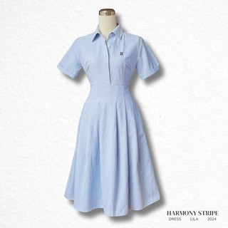Váy sơ mi dáng dài Harmony Dress LILA thêu logo tên người yêu vải oxford váy maxi cộc tay lưng chun dáng xòe đi biển