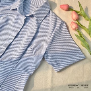 Váy sơ mi dáng dài Harmony Dress LILA thêu logo tên người yêu vải oxford váy maxi cộc tay lưng chun dáng xòe đi biển
