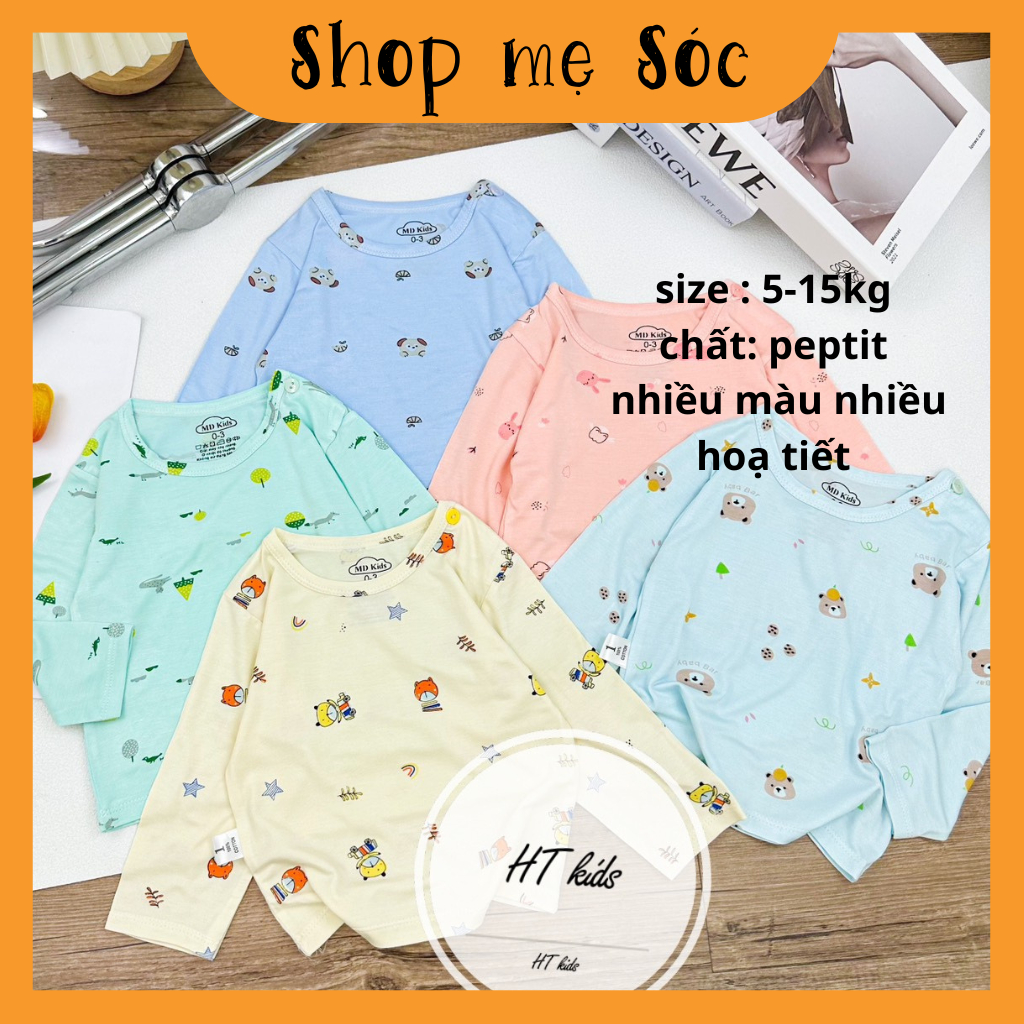Áo DÀI TAY chất thun lạnh NHIỀU MÀU họa tiết thú đáng yêu, có cúc cài vai cho bé từ 4-14kg Mesocshop