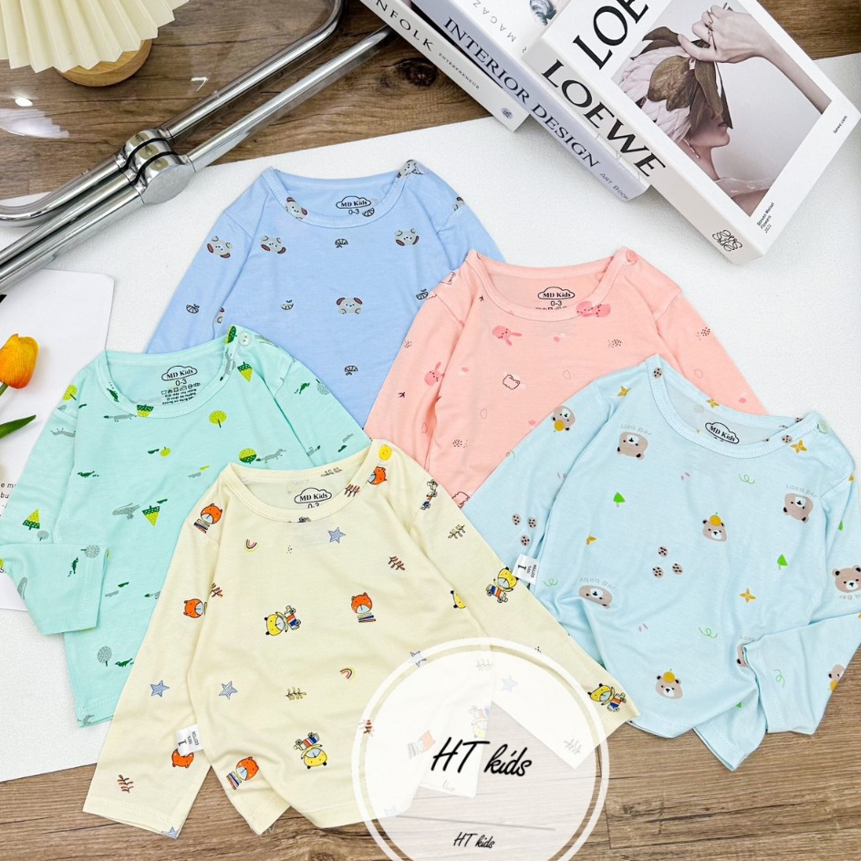 Áo DÀI TAY chất thun lạnh NHIỀU MÀU họa tiết thú đáng yêu, có cúc cài vai cho bé từ 4-14kg Mesocshop