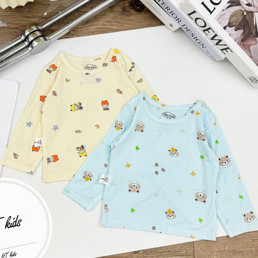 Áo DÀI TAY chất thun lạnh NHIỀU MÀU họa tiết thú đáng yêu, có cúc cài vai cho bé từ 4-14kg Mesocshop