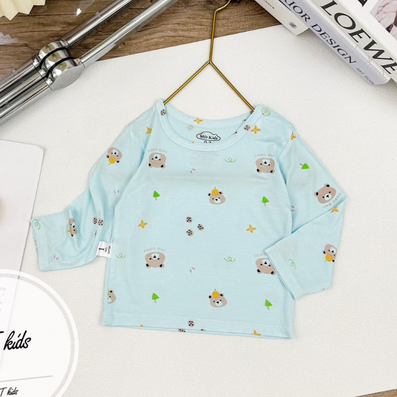 Áo DÀI TAY chất thun lạnh NHIỀU MÀU họa tiết thú đáng yêu, có cúc cài vai cho bé từ 4-14kg Mesocshop