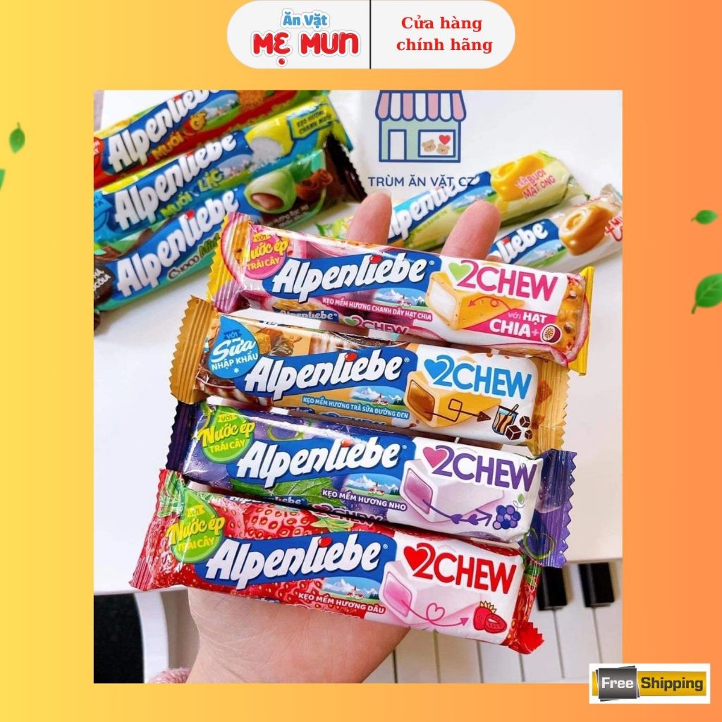 Set 5 Thanh Kẹo Mềm Alpenliebe 2Chew Đủ Vị Dạng Thỏi 24,5g - Hương Dâu, Nho, Chanh Dây Hạt Chia, Trà Sữa Đường Đen