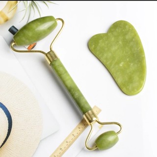 Cây Lăn Và Miếng Guasha  Bằng Đá Tự Nhiên Serpentine Màu Xanh Mạ Giúp Nâng Cơ Thon Gọn Mặt, Thư Giãn