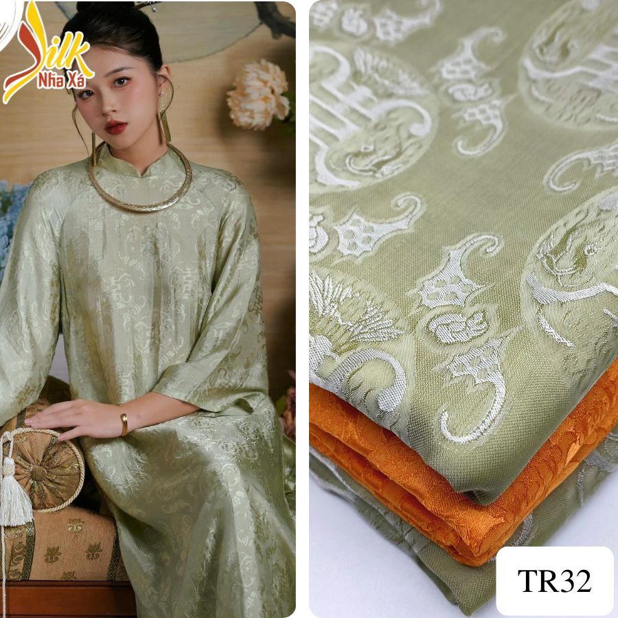 Lụa may áo dài nhaxasilk hoa văn thọ dơi màu xanh nõn chuối– TR32 ...