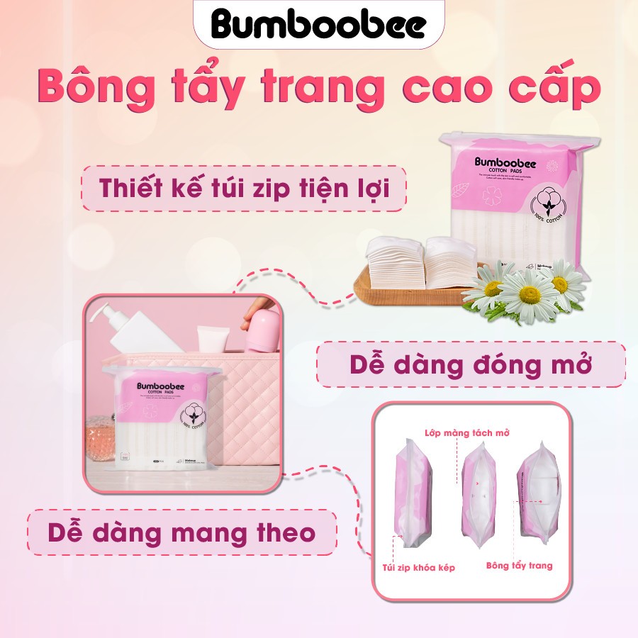Bông tẩy trang Bumboobee 100% cotton 120/222 miếng mềm mịn dai dành tẩy trang sạch cho da nhạy cảm không xơ bông