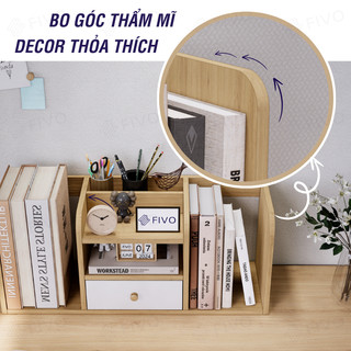 Kệ Sách Gỗ Đẹp Để Bàn FIVO FB26 Cao Cấp Màu Gỗ Và Walnut, Có Hộc, Tiết Kiệm Diện Tích, Bo Góc Thẩm Mĩ