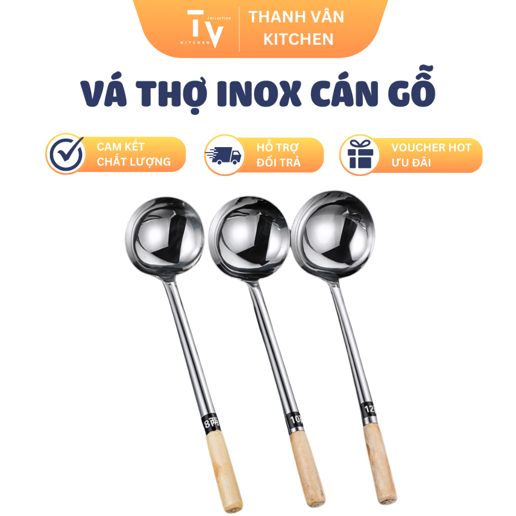 Vá inox 304 cán gỗ, muôi múc canh inox dùng cho nhà bếp (TV384 ...