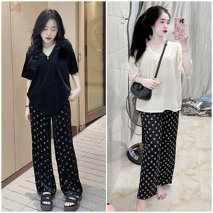 Set bộ áo thun cổ tim mix quần xuông chan neo in full