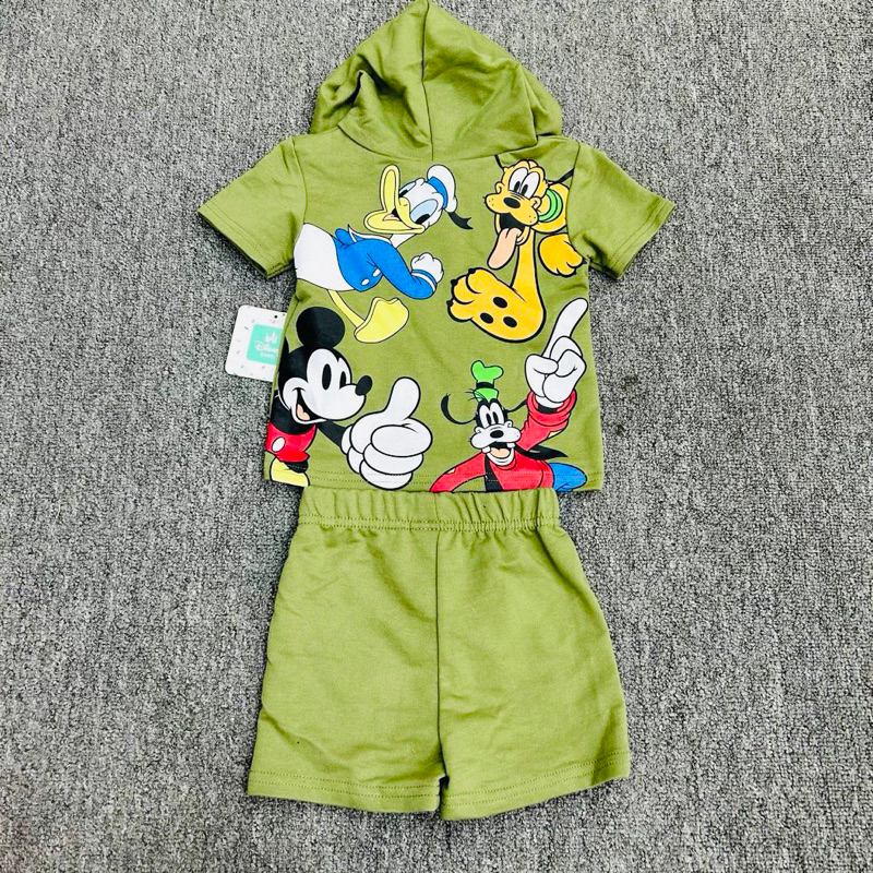 Bộ hè bé trai 12-24m (9-14kg) 0904L áo cộc tay có mũ + quần short set xuất dư cotton mềm mát