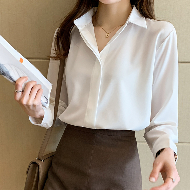 Ảnh Áo sơ mi nữ dài tay trắng, đen dáng suông giấu nút THOCA HOUSE sơ mi công sở vải lụa chéo mềm mịn 3