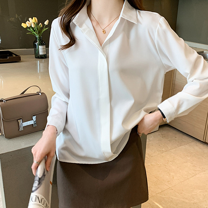 Ảnh Áo sơ mi nữ dài tay trắng, đen dáng suông giấu nút THOCA HOUSE sơ mi công sở vải lụa chéo mềm mịn 4