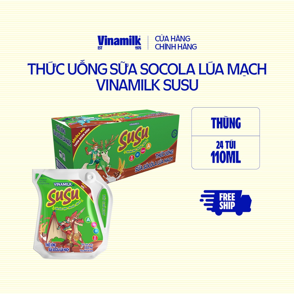 Thùng Thức uống sữa Socola lúa mạch Vinamilk Susu – Thùng 24 túi 110ml