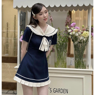 Đầm Váy Nữ Cổ Thuỷ Thủ Cột Nơ Xanh Đen Mix Viền Trắng Kem Tay Ngắn Dáng Xoè Xếp Li Phong Cách Nhật Bản