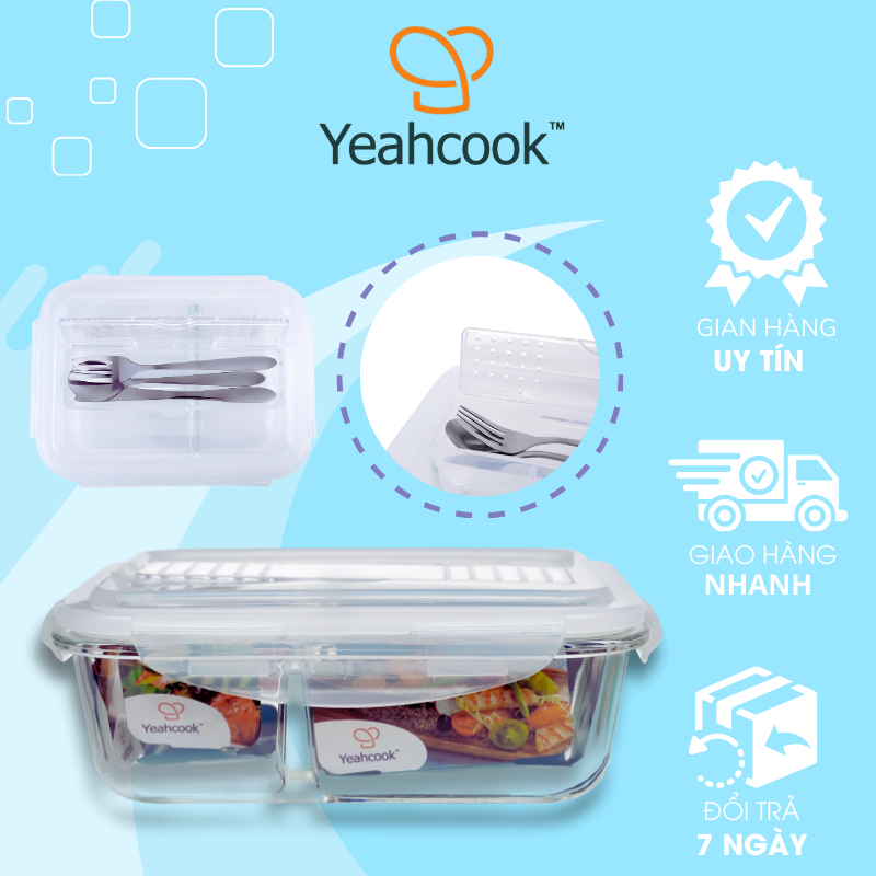 Ảnh Hộp đựng cơm thủy tinh 2 ngăn cao cấp YEAHCOOK - Kèm bộ thìa, dĩa, dao tiện lợi 3