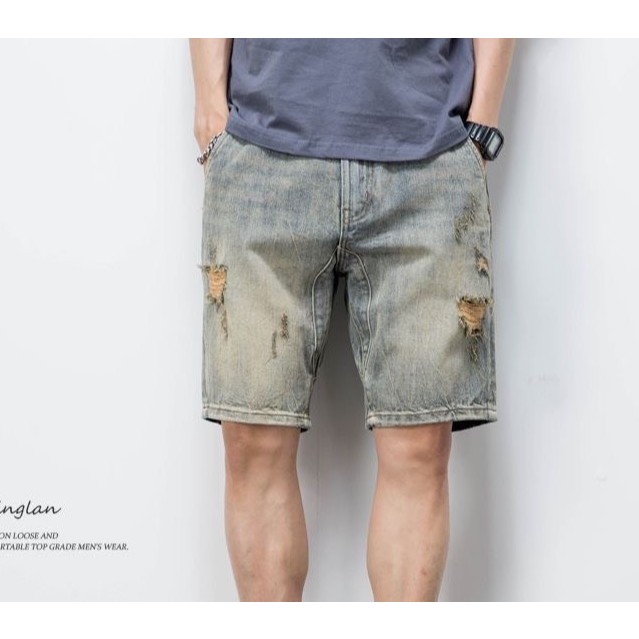 Quần short Jeans nam, quần Jean xước rách phong cách Restro Mỹ bụi bặm cá tính phom dáng Regular Fit năng động thoải mái
