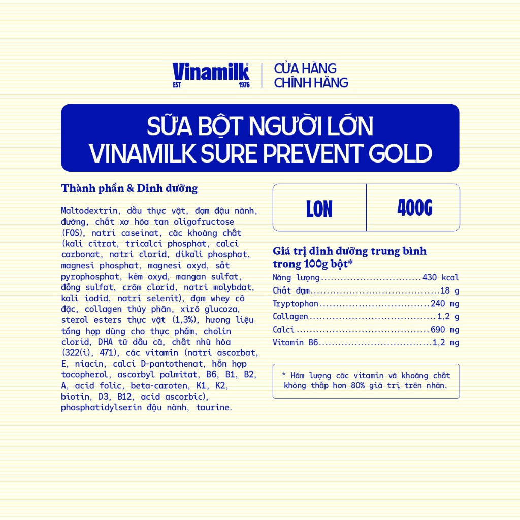 Hộp Sữa bột cho người lớn tuổi Vinamilk Sure Prevent Gold Hộp thiếc 400g -  Sữa bổ sung dinh dưỡng và tăng cường sức khỏe