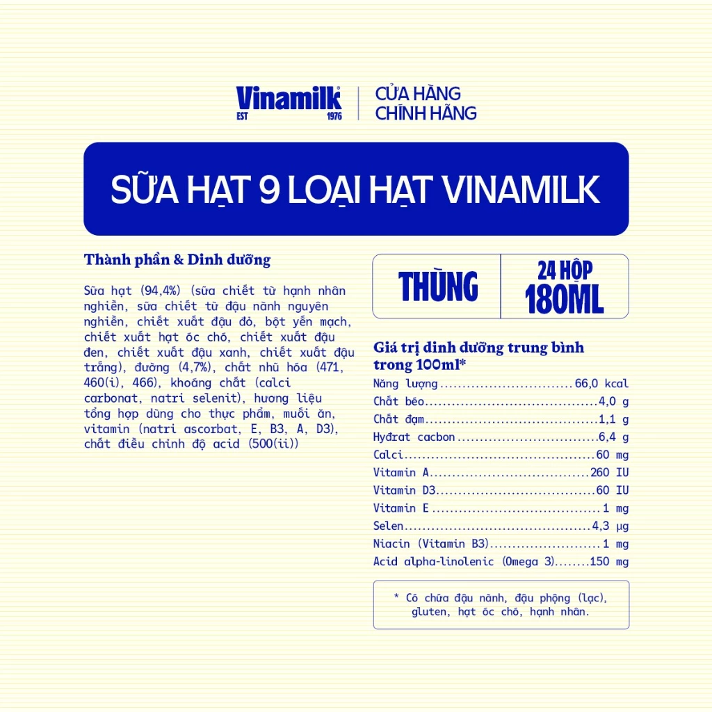 Thùng 24 hộp Sữa hạt 9 loại hạt Vinamilk - hộp 180ml