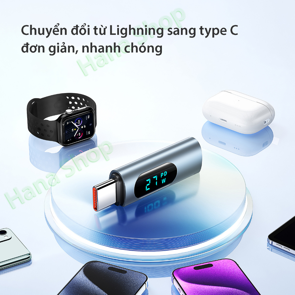 Đầu cắm chuyển đổi sạc type C - Có màn LED đo sạc - từ type C sang L và L sang type C - Hỗ trợ sạc nhanh 27W