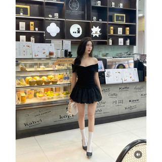 [V1.749] Váy Trễ Vai Nơ Thun Giấy Nhúm Phối Vải Thô Gió Nhăn Dáng Bom Có Lót Quần 2 Màu