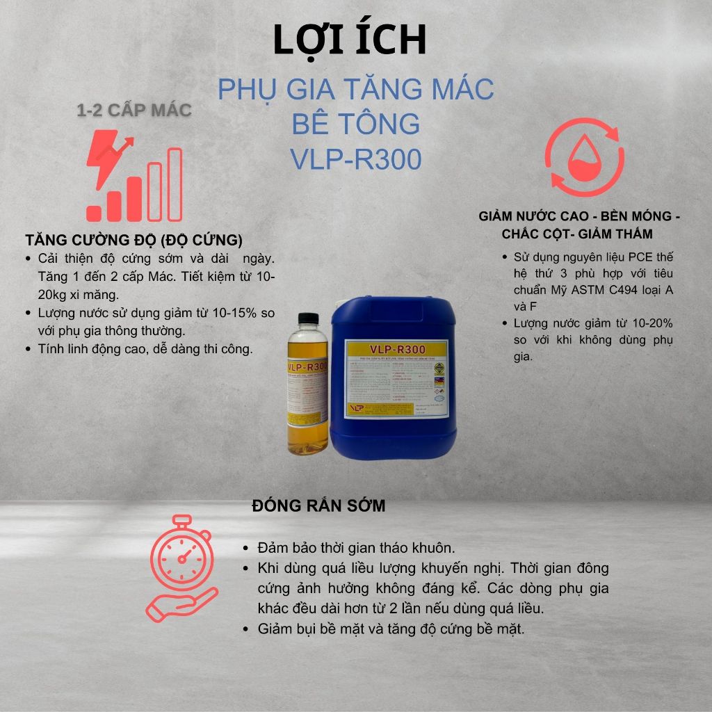 [HOT mùa mưa] Phụ gia bê tông tăng độ cứng và tháo khuôn nhanh cho xi măng và bê tông VLP R300