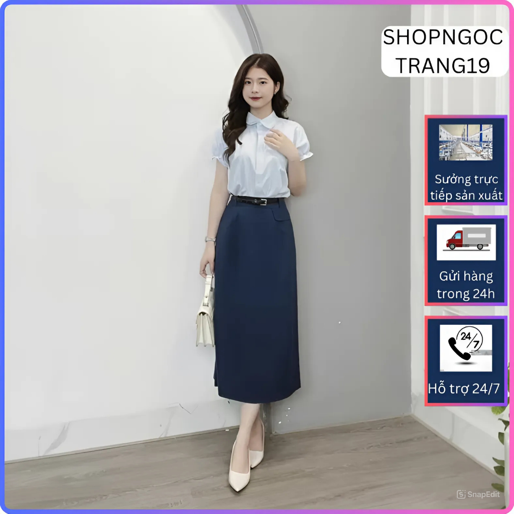 Chân Váy Chữ A Dáng Dài Ghép Mảnh Cách Điệu Phối Nắp Túi_Shopngoctrang19_Chất Liệu Vitex_Dài 80CM