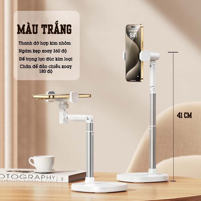 Giá đỡ điện thoại để bàn T10 - Hỗ trợ quay 360° - Hợp kim nhôm chắc chắn - Chiều cao 30-45cm